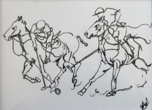 "It's a Polo Thing" by Mary Helen Last<br />Drawn in ink with a single, continuous line - save for a few marks beneath the hooves - this piece captures two polo players mid-action, suspended in a moment of fluid motion.